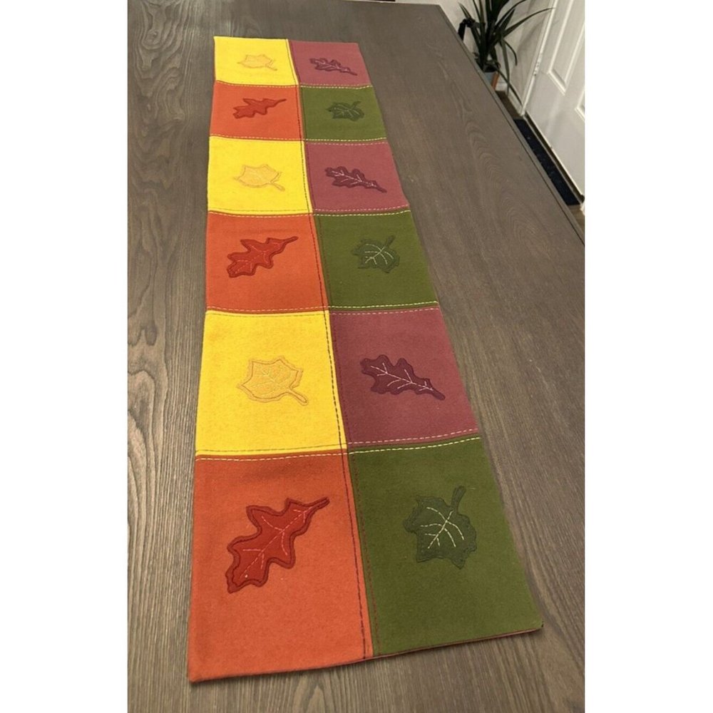 SONOMA Table Runner Fall Leaves Embroidered Burgundy Green Orange Yellow 54"x13"